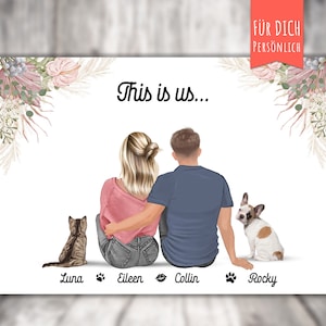 Poster family with cat +/ dog, couple with cat by the water, personalized print, gift for partner/boyfriend/girlfriend/wife or husband