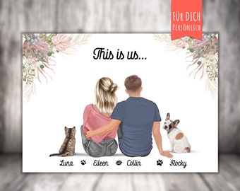 Affiche famille avec chat +/ chien, couple avec chat au bord de l'eau, impression personnalisée, cadeau pour partenaire/petit ami/petite amie/femme ou mari