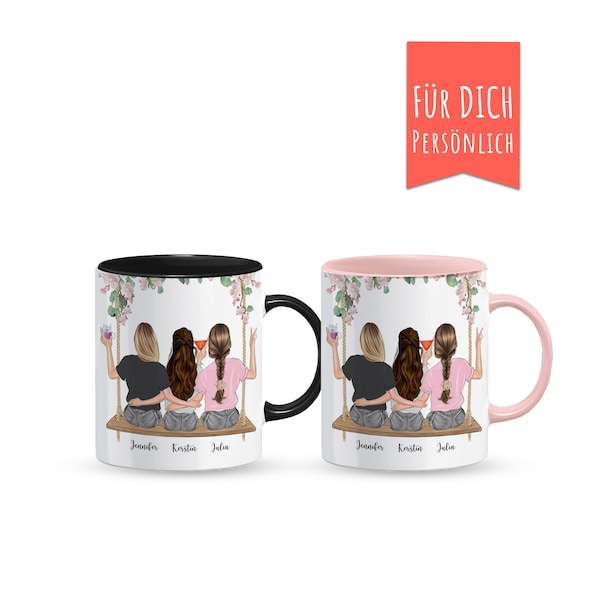 Taza 3 mejores amigas personalizada, con peinados, taza en blanco, rosa, turquesa, negro, texto propio, tres mujeres en un columpio