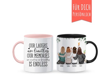 Mug 4 meilleurs amis personnalisé, avec coiffures, mug en blanc rose ou noir, turquoise, texte propre, mug panoramique,