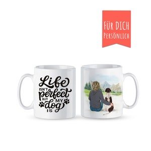 Best Dog Mom Mug: Woman with 1-3 dogs in front of a mountain backdrop, personalized according to your wishes* with your own text or desired typography