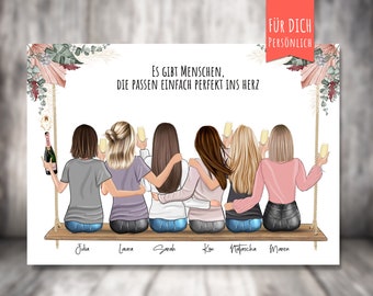 Poster "6 BFF Best Friends on the Swing" personalized gift for friends, besties, sitting women