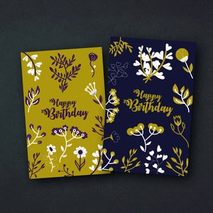 Wenskaart | Verjaardagskaart | Bloemenbloemen & planten blauw en goud | illustratie