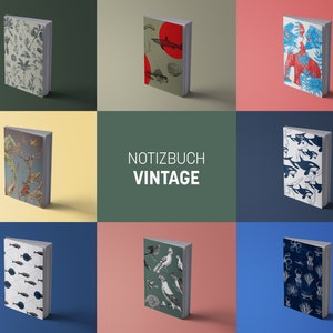 K&ouml;nnte beinhalten: Eine Auswahl an Vintage-Notizb&uuml;chern mit verschiedenen Cover-Designs. Die Cover zeigen Illustrationen von Pflanzen, Fischen, einem Elefanten, Orcas, V&ouml;geln und Meereslebewesen. Die Notizb&uuml;cher werden vor farbigen Hintergr&uuml;nden pr&auml;sentiert.