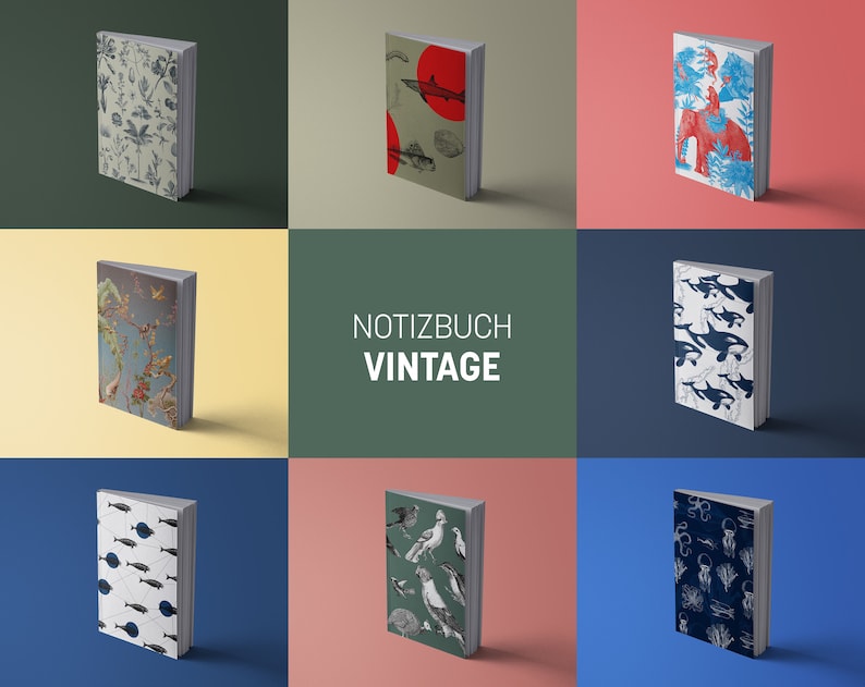K&ouml;nnte beinhalten: Eine Auswahl an Vintage-Notizb&uuml;chern mit verschiedenen Cover-Designs. Die Cover zeigen Illustrationen von Pflanzen, Fischen, einem Elefanten, Orcas, V&ouml;geln und Meereslebewesen. Die Notizb&uuml;cher werden vor farbigen Hintergr&uuml;nden pr&auml;sentiert.