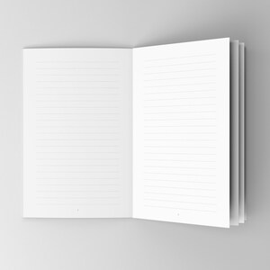K&ouml;nnte beinhalten: Ein offenes, liniertes Notizbuch mit wei&szlig;en Seiten. Das Notizbuch liegt flach auf einer hellgrauen Oberfl&auml;che, wobei die linke und rechte Seite sichtbar sind. Die Seiten sind mit horizontalen Linien gef&uuml;llt.