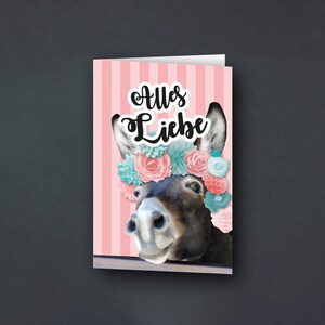 Grußkarte | Geburtstagskarte | Esel mit Blumen | rosa