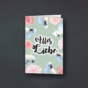 Grußkarte | Geburtstagskarte | Kakadus mit Blumen | rosa, mint