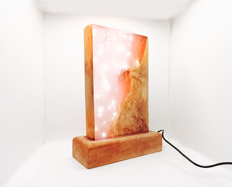 Sparkly Pink Art Deco Lamp Gift For Her Natural Wood And Resin Table Lamp, Girls Room Soft Pink LED Night light