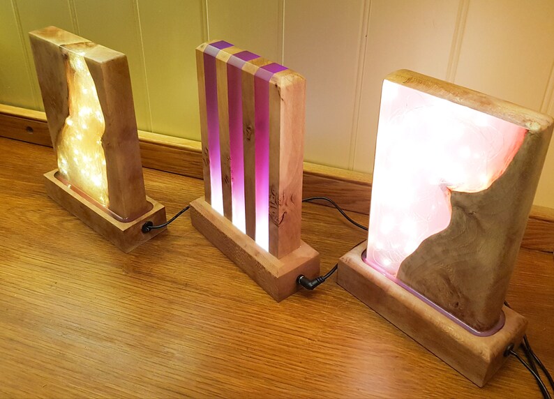 Sparkly Pink Art Deco Lamp Gift For Her Natural Wood And Resin Table Lamp, Girls Room Soft Pink LED Night light