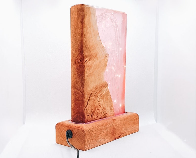 Sparkly Pink Art Deco Lamp Gift For Her Natural Wood And Resin Table Lamp, Girls Room Soft Pink LED Night light