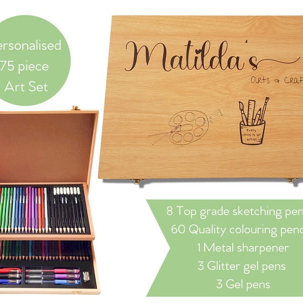 Personalised Engraved Art Set, Wooden Stationery Gift Set For Art Lovers, 75 Piece Wooden Art Storage Box, Personalised Wooden Craft Box
