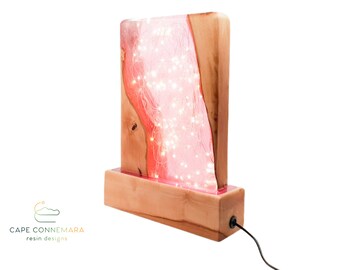 Sparkly Pink Art Deco Lamp Gift For Her Natural Wood And Resin Table Lamp, Girls Room Soft Pink LED Night light