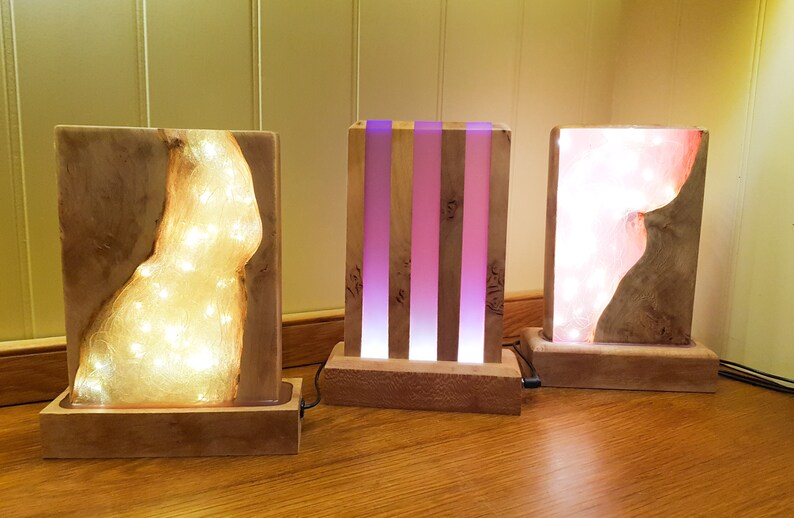 Sparkly Pink Art Deco Lamp Gift For Her Natural Wood And Resin Table Lamp, Girls Room Soft Pink LED Night light