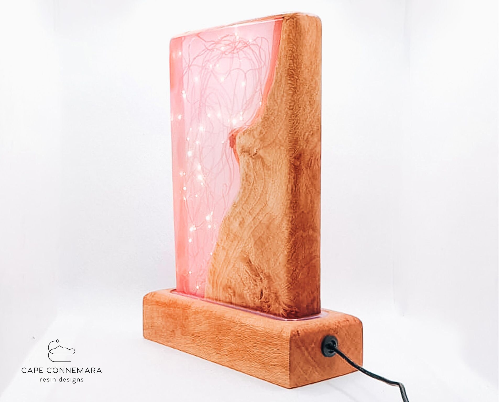 Sparkly Pink Art Deco Lamp Gift For Her Natural Wood And Resin Table Lamp, Girls Room Soft Pink LED Night light