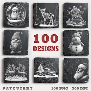 Arquivos de gravação de ardósia de Natal, gravação a laser PNG de Natal, porta-copos de ardósia de Natal PNG, Glowforge, arquivo de gravação a laser de Papai Noel, PNG de ilusão a laser