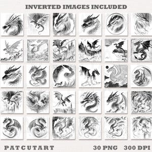 May include: A set of 30 monochrome dragon illustrations, each in a square format. The images depict dragons in diverse poses and settings, with detailed linework. Text includes "INVERTED IMAGES INCLUDED" and "PATCUTART".