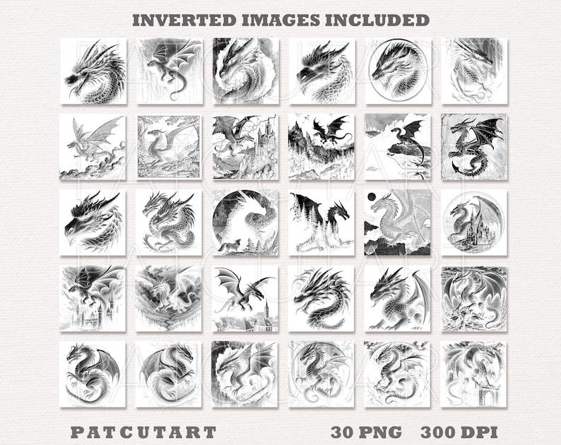 May include: A set of 30 monochrome dragon illustrations, each in a square format. The images depict dragons in diverse poses and settings, with detailed linework. Text includes "INVERTED IMAGES INCLUDED" and "PATCUTART".