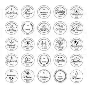 May include: A collection of black and white circular designs with various text and graphics. The designs include phrases like "Married," "Grandma," "Cat Parents," and "Together," along with the year "2025."