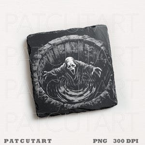 May include: A square slate coaster featuring a black and white illustration of a hooded figure with a mask emerging from a stone well. The figure has outstretched arms and an open mouth, with ripples visible in the water inside the circular well.