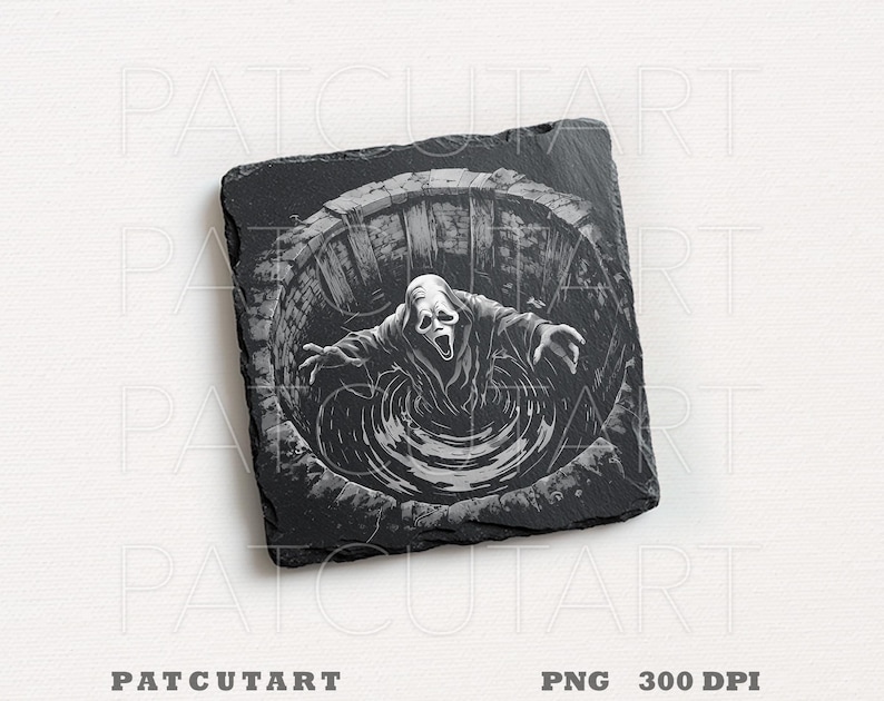 May include: A square slate coaster featuring a black and white illustration of a hooded figure with a mask emerging from a stone well. The figure has outstretched arms and an open mouth, with ripples visible in the water inside the circular well.