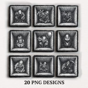 May include: A set of nine square coasters featuring black and white illustrations of horror movie characters, including a masked slasher, a zombie, a clawed figure, a doll, a clown with a balloon, a nun, a mummy, a skeleton, and a grim reaper.