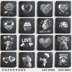 May include: A collection of sixteen square black slate coasters featuring white engraved designs including roses, hearts, a cupcake, a gnome, a ladybug, a highland cow, the word LOVE, a leopard print heart, a kitten, a rabbit, and a raccoon.