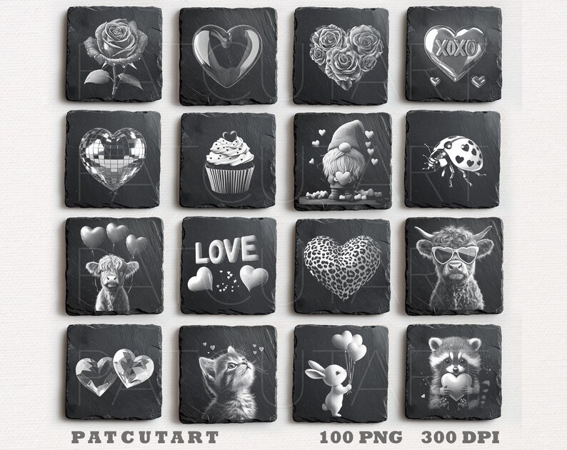 May include: A collection of sixteen square black slate coasters featuring white engraved designs including roses, hearts, a cupcake, a gnome, a ladybug, a highland cow, the word LOVE, a leopard print heart, a kitten, a rabbit, and a raccoon.