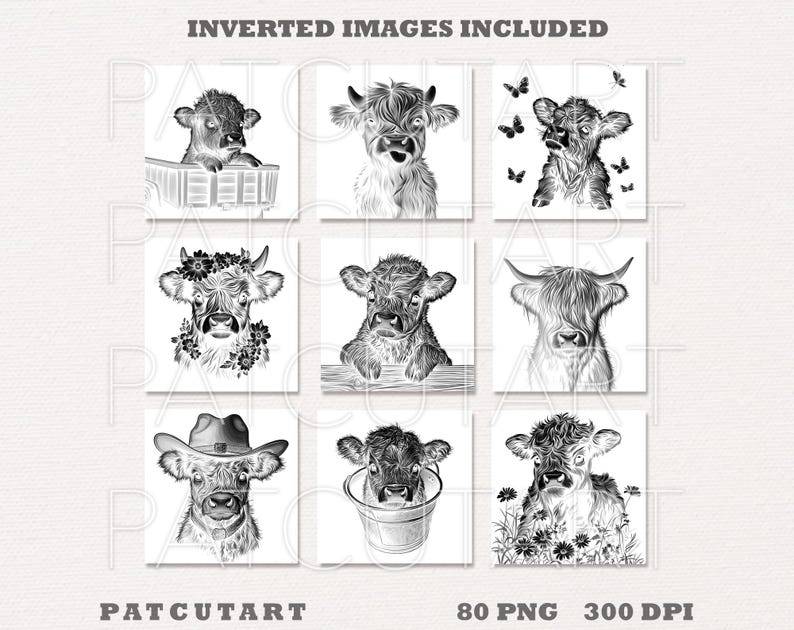 May include: Set of 8 black and white digital illustrations of Highland cows. The illustrations feature different poses and expressions of the cows. The images are perfect for crafting projects, scrapbooking, and digital design.
