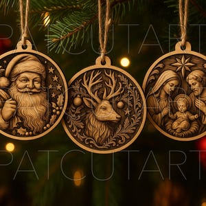 May include: Three wooden Christmas ornaments hanging from twine. The ornaments feature detailed carvings of Santa Claus, a reindeer, and the Holy Family. The ornaments are circular with a natural wood finish, perfect for holiday decor.