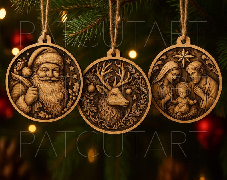 May include: Three wooden Christmas ornaments hanging from twine. The ornaments feature detailed carvings of Santa Claus, a reindeer, and the Holy Family. The ornaments are circular with a natural wood finish, perfect for holiday decor.