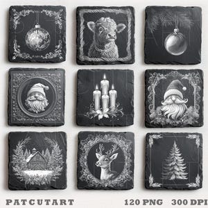 May include: A set of nine square black slate coasters featuring white engraved Christmas designs including a Highland cow, Santa Claus, a winter cabin, a deer, candles, pine trees, and holiday ornaments, with the text PATCUTART 120 PNG 300 DPI.