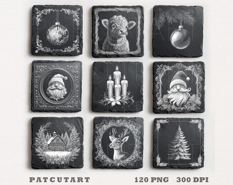 May include: A set of nine square black slate coasters featuring white engraved Christmas designs including a Highland cow, Santa Claus, a winter cabin, a deer, candles, pine trees, and holiday ornaments, with the text PATCUTART 120 PNG 300 DPI.