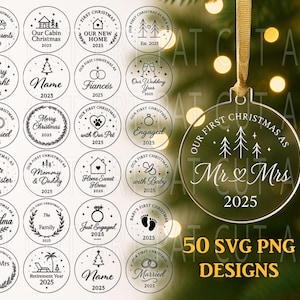 May include: A collection of Christmas ornament designs with various themes, including "Our First Christmas as Mr & Mrs 2025", "Married 2025", and "Baby's First Christmas 2025". The designs are in a circular format with decorative fonts and illustrations.