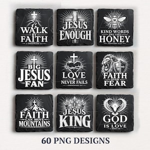 May include: A collection of nine square black slate coasters featuring white engraved religious designs and text including Walk by Faith, Jesus is Enough, Kind Words are Like Honey, Big Jesus Fan, Love Never Fails, Faith Over Fear, Faith Can Move Mountains, Jesus is King, and God is Love.