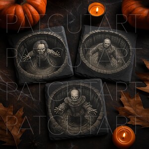 May include: Three square slate coasters featuring detailed monochromatic illustrations of horror characters emerging from circular stone wells. Each coaster displays a distinct figure with outstretched arms, set against a dark, textured background.