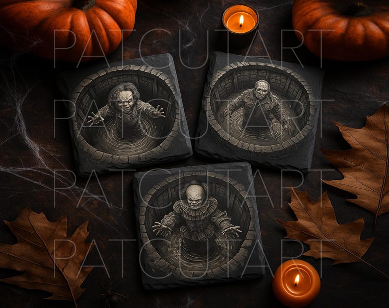 May include: Three square slate coasters featuring detailed monochromatic illustrations of horror characters emerging from circular stone wells. Each coaster displays a distinct figure with outstretched arms, set against a dark, textured background.