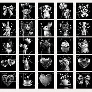 May include: A grid of twenty-five square black and white illustrations featuring various subjects including kittens, puppies, bunnies, calves, hearts, bows, a cupcake, and a coffee cup. The watermark text PATCHART is overlaid across the entire image.
