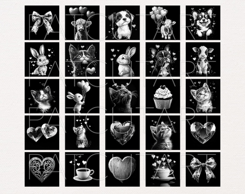 May include: A grid of twenty-five square black and white illustrations featuring various subjects including kittens, puppies, bunnies, calves, hearts, bows, a cupcake, and a coffee cup. The watermark text PATCHART is overlaid across the entire image.