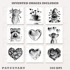 May include: A digital collection of nine black and white illustrations featuring a highland cow, a coffee cup with hearts, a gnome, a raccoon holding a heart, a metallic heart, a cow with heart balloons, a floral heart, a diamond heart, and a rose.