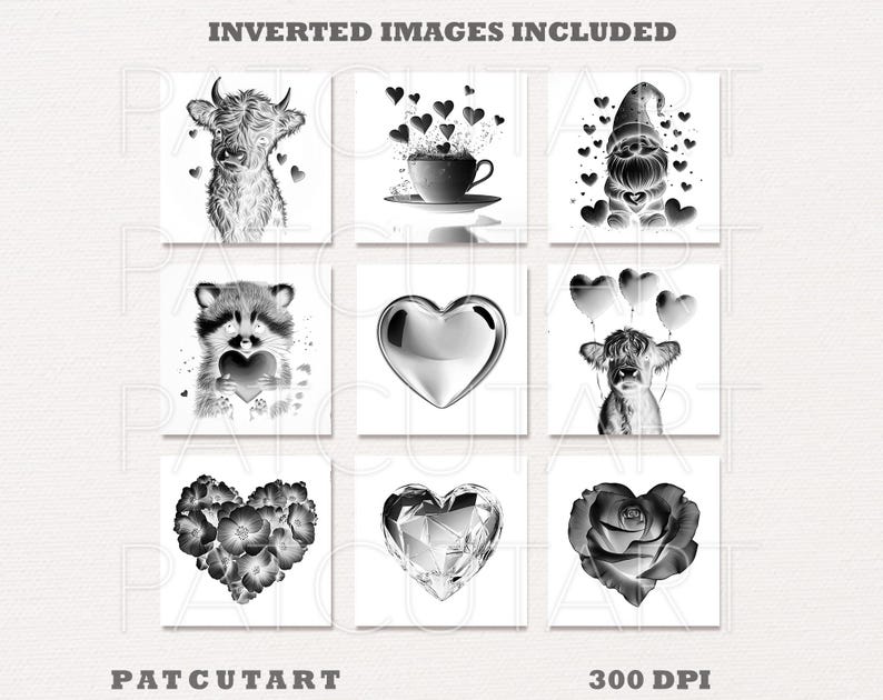 May include: A digital collection of nine black and white illustrations featuring a highland cow, a coffee cup with hearts, a gnome, a raccoon holding a heart, a metallic heart, a cow with heart balloons, a floral heart, a diamond heart, and a rose.