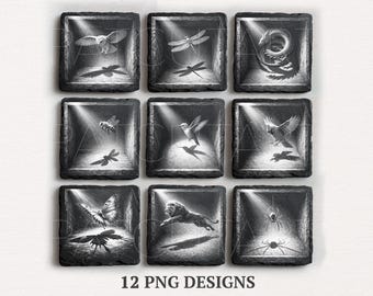 Archivos de grabado de pizarra con ilusión 3D, animales PNG grabados con láser, posavasos de pizarra con animales, Glowforge, archivo de grabado láser de vida silvestre, animales láser 3D