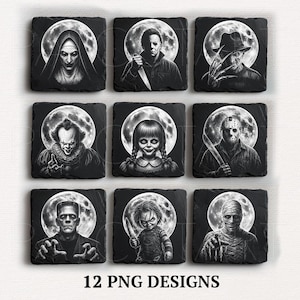 Può includere: Un set di nove sottobicchieri quadrati in ardesia nera con dettagliate illustrazioni bianche di personaggi di film horror su uno sfondo di luna piena. La collezione include una suora, un assassino mascherato e un clown.