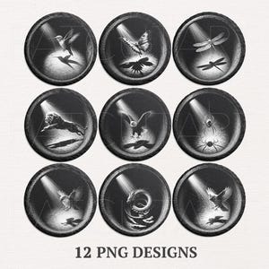 May include: A collection of 12 black and white PNG designs featuring various animals and insects, including a hummingbird, butterfly, dragonfly, lion, eagle, spider, and dragon. Each design is set within a circular frame with a spotlight effect.