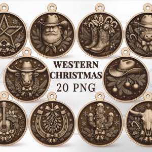 May include: Wooden Christmas ornaments with a Western theme. Designs include a star, Santa Claus, cowboy boots, a cow, a bull, a cowboy hat, a guitar, a horseshoe, a cactus, and a skull. The text "WESTERN CHRISTMAS 20 PNG" is also present.