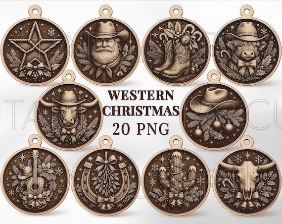 Christmas Western Ornament Engraving Files, Western Christmas PNG Laser Engrave, Christmas Ornament PNG, Glowforge, Wood laser Ornament Png