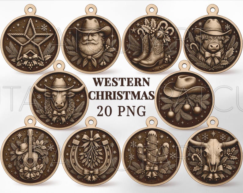 May include: Wooden Christmas ornaments with a Western theme. Designs include a star, Santa Claus, cowboy boots, a cow, a bull, a cowboy hat, a guitar, a horseshoe, a cactus, and a skull. The text "WESTERN CHRISTMAS 20 PNG" is also present.