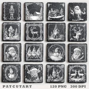 May include: A collection of sixteen square black slate coasters featuring white engraved Christmas illustrations including Santa Claus, reindeer, snowmen, gnomes, a nutcracker, a vintage truck, and winter landscapes. The text PATCUTART 120 PNG 300 DPI is visible.