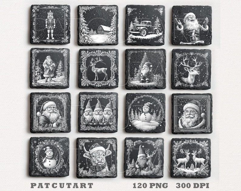May include: A collection of sixteen square black slate coasters featuring white engraved Christmas illustrations including Santa Claus, reindeer, snowmen, gnomes, a nutcracker, a vintage truck, and winter landscapes. The text PATCUTART 120 PNG 300 DPI is visible.