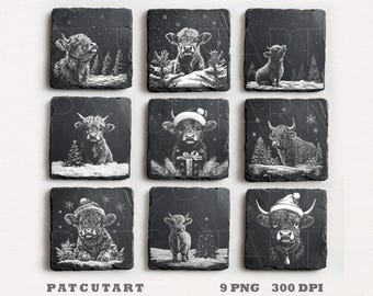 Christmas Slate Engraving Files, Highland Cow Laser, Christmas PNG Laser Engrave,Glowforge,Christmas Slate Coasters PNG, Cow Laser Burn File